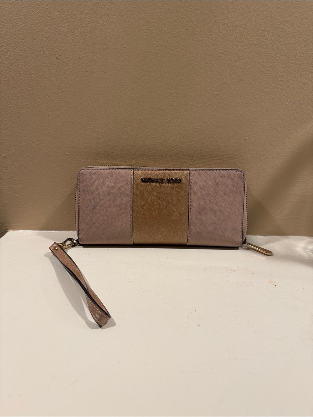Michael Kors Blush Pink and Tan Zip Wallet with Wristlet
